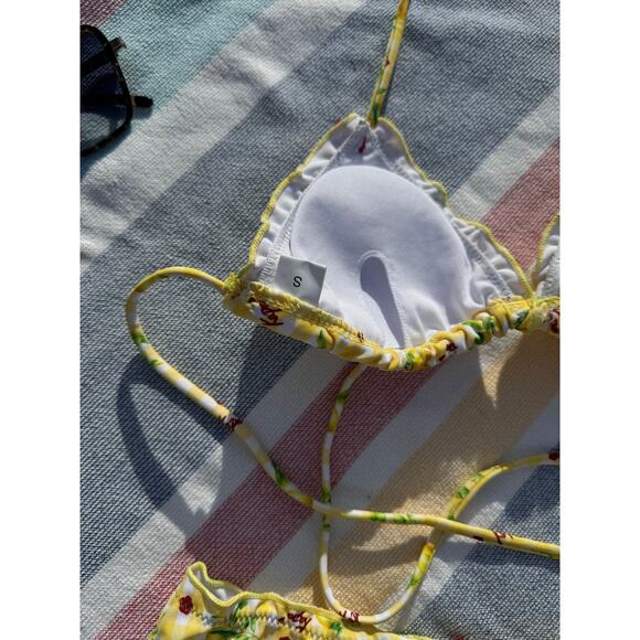 NWOT, Brand Unknown, Lemon & Cherry Gingham Bikini Set, Yellow, Sz S - Picture 9 of 11